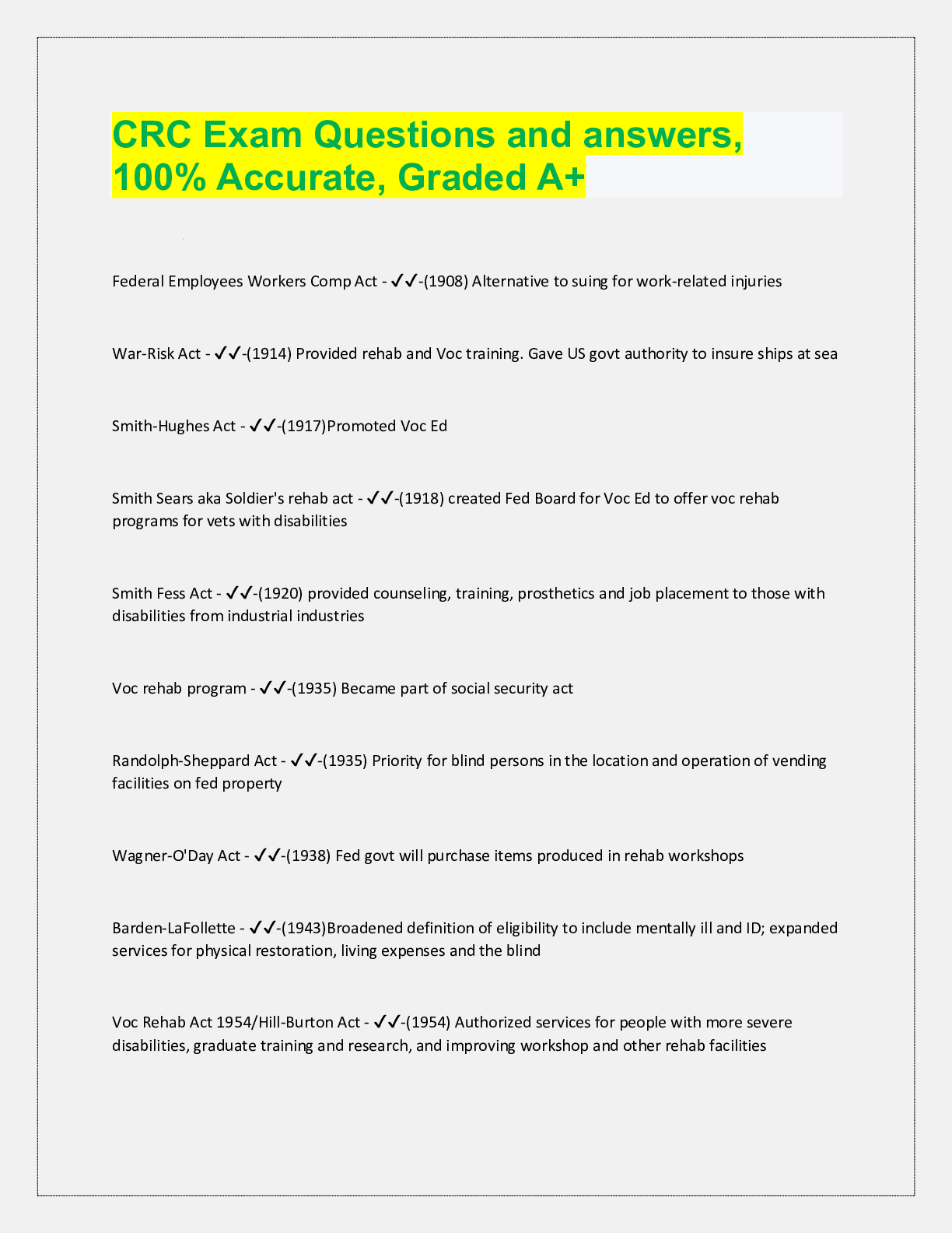 Preview image for CRC Exam Questions and answers,  100% Accurate, Graded A+ Federal Employees Workers C